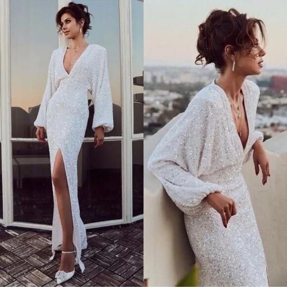 Retrofete Dresses & Skirts - RETROFETE Camille Sequin Embellished Long Sleeve Deep V Maxi Dress Size Small